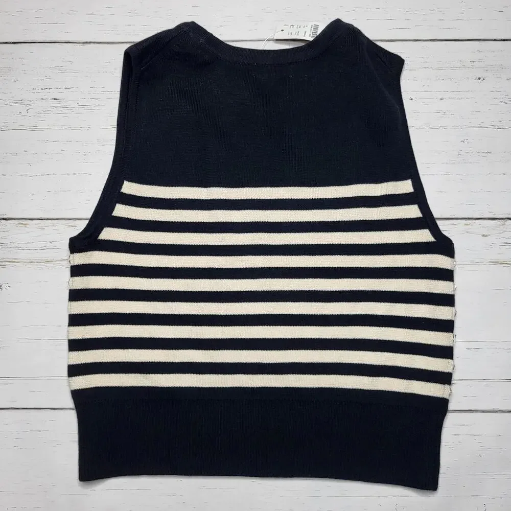 J. Crew Embellished Sweater Shell Black Ivory Beaded Sleeveless Top Crop Medium
